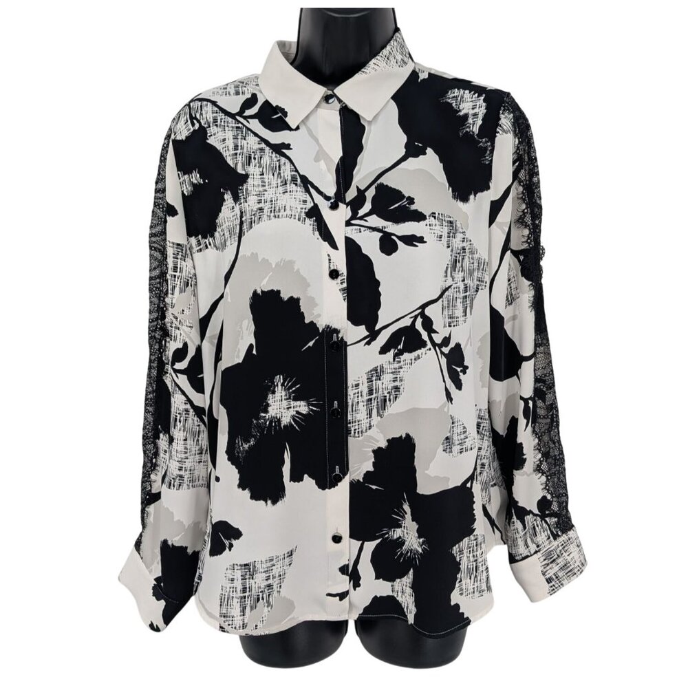 Chicos Abstract Floral Lace Button Up Shirt Women Size M Petite Office Twee Art